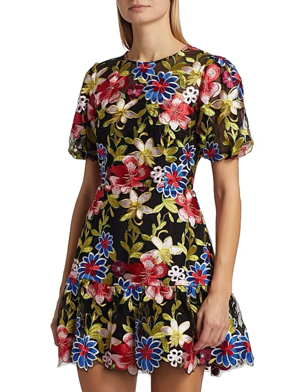 Black Floral Embroidered Mini Dress with Multicolor Blooms
